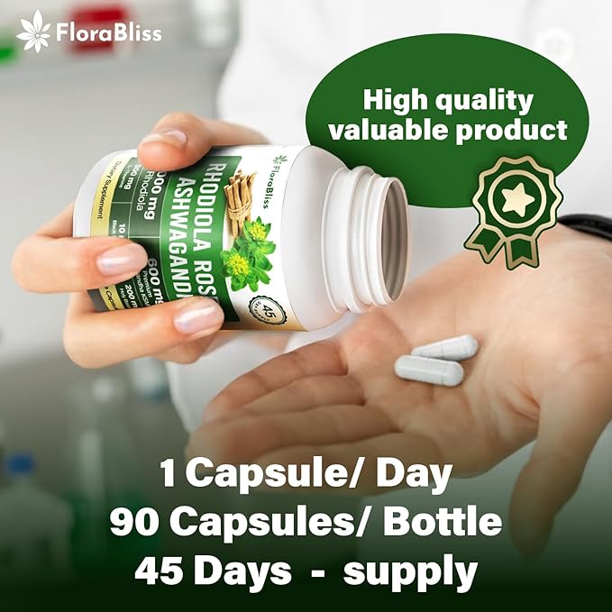 FloraBliss Rhodiola Rosea with Ashwagandha KSM-66, L-Theanine, Holy Basil & Black Pepper - 90 High Potency Vegan Capsules - 45-Day Supply - No Artificial Additives