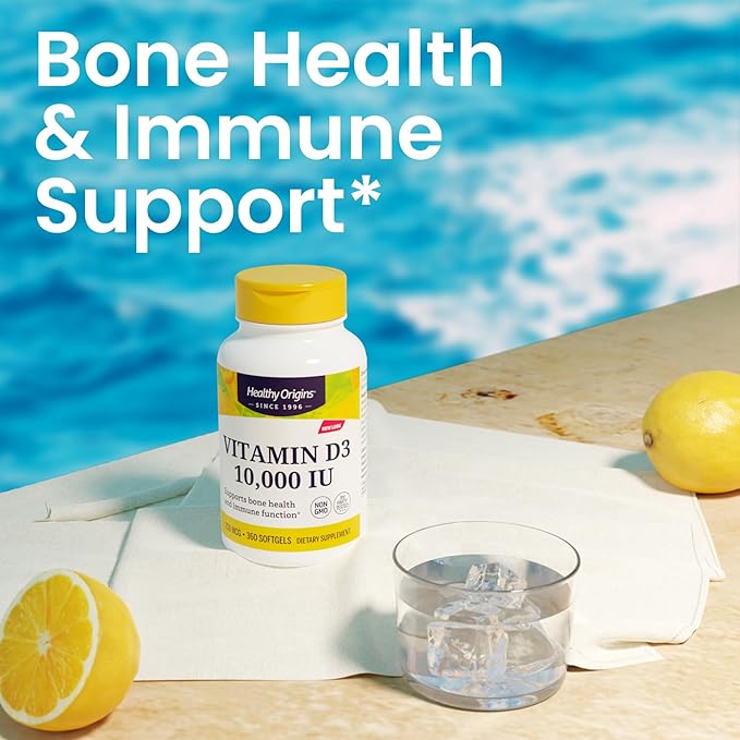 Healthy Origins Vitamin D3 10,000 IU (250 mcg), 360 Liquid Softgels - High Potency Sunshine Vitamin Supplement - Supports Strong Bones, Healthy Teeth & Immune System Function