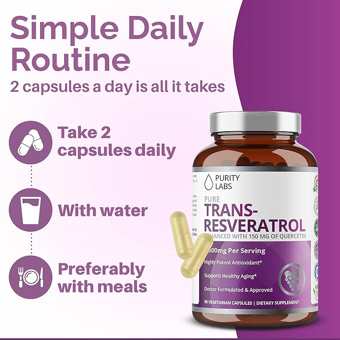 Purity Labs Trans-Resveratrol Supplement 5,000 mg Equivalent per Serving with Quercetin, USDA Organic High Potency Antioxidant, Vegan Capsules, 90 Count