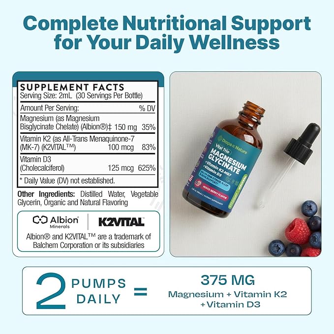 Magnesium Glycinate, Vitamin K2 & D3 Supplement – GMO-Free – VIT D MK7 K2 Vitamin Supplement & Magnesium Blend – with Nutrients for Bone Nutrition & Cardiovascular Function (Mixed Berry, 60 mL)