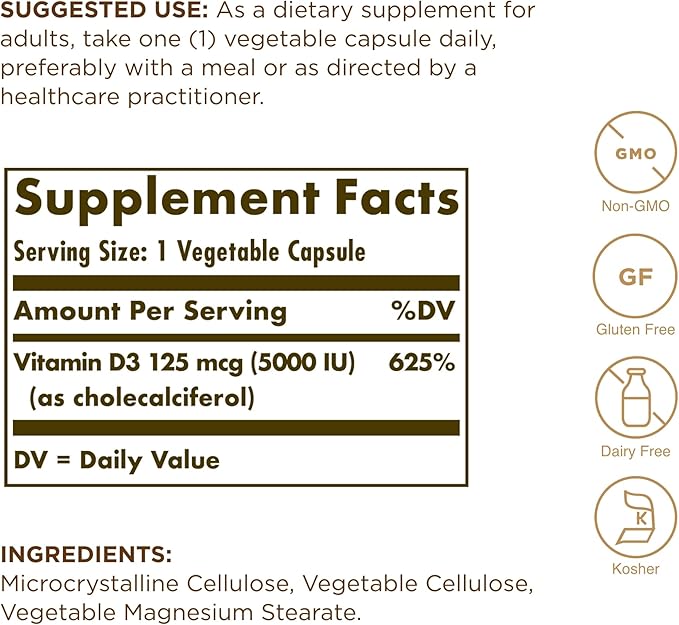 Solgar Vitamin D3 (Cholecalciferol) 125 mcg (5000 IU), 60 Vegetable Capsules - Helps Maintain Healthy Bones & Teeth - Immune System Support - Non-GMO, Gluten Free, Dairy Free - 60 Servings