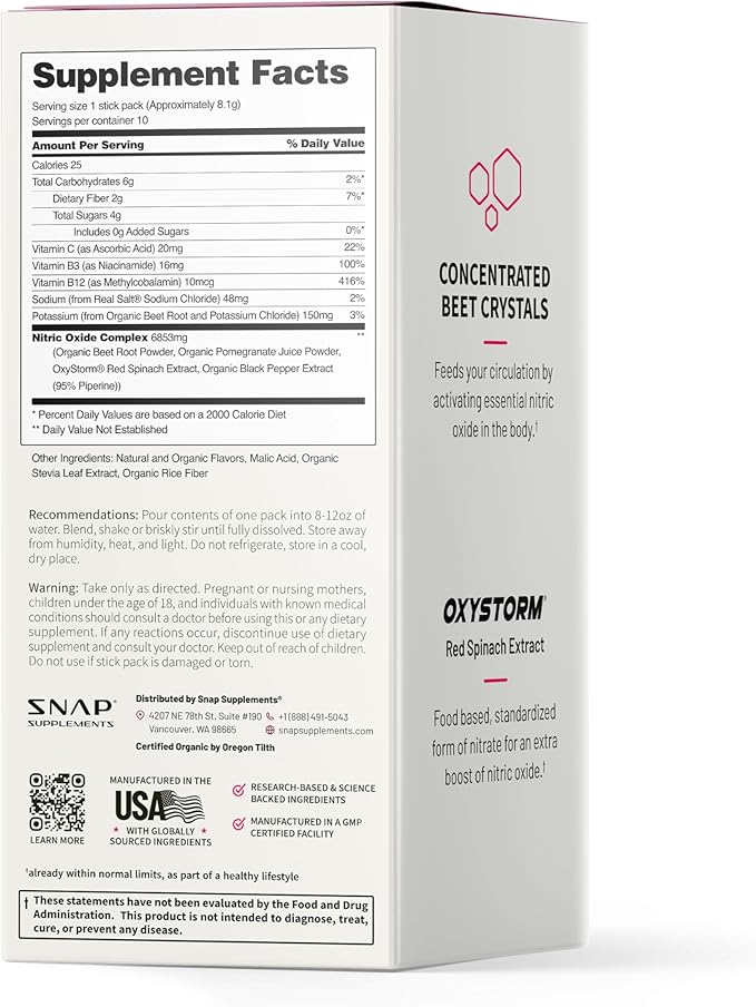Snap Supplements Organic Beet Root Powder Nitric Oxide Supplement for Men & Women with Red Spinach, Supports Healthy Energy & Blood Pressure Already in Normal Range, 10 Stick Packs, Mixed Berry
