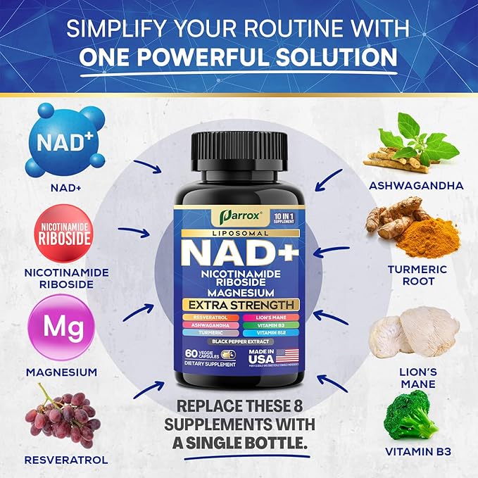 NAD+ Supplement with Liposomal NAD+, Nicotinamide Riboside, Magnesium, Vitamin B3 & B12, Resveratrol, Turmeric, Ashwagandha, Lion’s Mane,10-in-1 Extra Strength