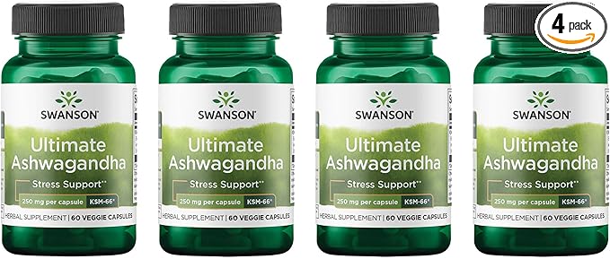 Swanson Ultimate Ashwagandha KSM-66 - Herbal Supplement Supporting Healthy Stress Levels & Relaxation - Natural Formula to Promote a Calm & Relaxed Mindset - (60 Veggie Capsules, 250mg Each) (4 Pack)