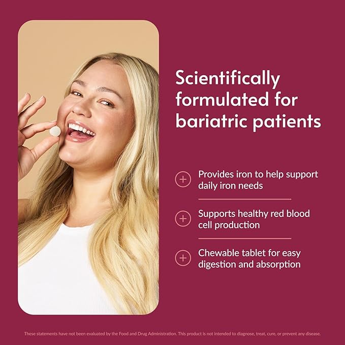 Bariatric Advantage Chewable Iron 29 mg - for Bariatric Surgery Patients - Iron with Vitamin C - No Iron Taste - Ferrous Fumarate & Carbonyl Iron Supplement - Passion Fruit - 180 Count