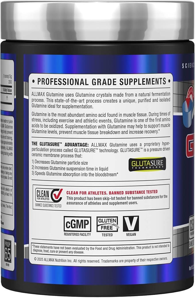 ALLMAX L Glutamine Powder 1000g, Fermented L-Glutamine Powder Pure, Unflavored Glutamine Supplement for Gut Health, Recovery & Immune Support, Vegan, Gluten Free