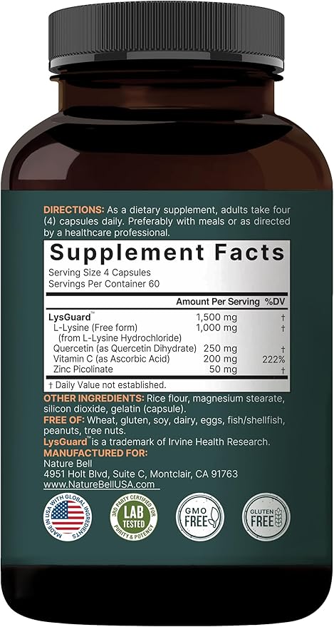 NatureBell L-Lysine 1,000mg Capsules + Quercetin 250mg with Vitamin C and Zinc, 240 Count | Free Form Amino Acids, L Lysine Complex | Immune Support, Lip & Skin Health Supplement