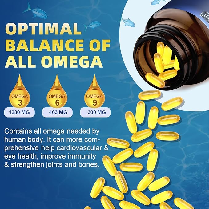 Triple Omega 3-6-9 Fish Oil 2000mg with Vitamin E - EPA & DHA Fatty Acids Supplement - Supports Heart, Brain, Eye, Skin & Immune Health - Includes Flaxseed & Borage, Non-GMO, 120 Softgels