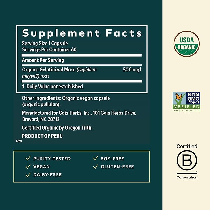 Gaia Herbs Maca Root - Caffeine-Free Energy Supplement - Traditionally Used to Support Healthy Energy & Stamina* - Made with Organic Maca Root (Lepidium meyenii) - 60 Vegan Capsules (60 Servings)