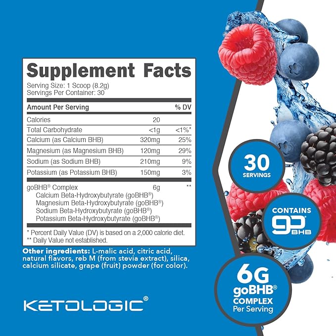 Ketologic Keto BHB (Mixed Berry Flavor) 30 Servings - Exogenous Ketone Supplement with goBHB, Beta-Hydroxybutyrate Salts