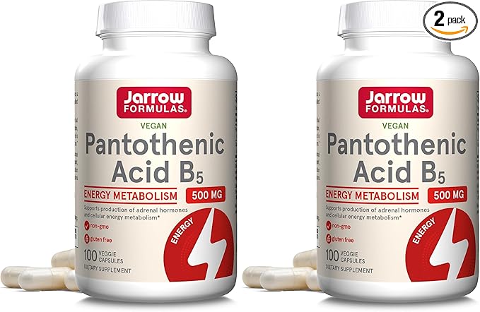 Jarrow Formulas Pantothenic Acid B5 500 mg - 100 Veggie Caps - Essential B Vitamin - Energy Production & Metabolism Support - 100 Servings (Pack of 2)