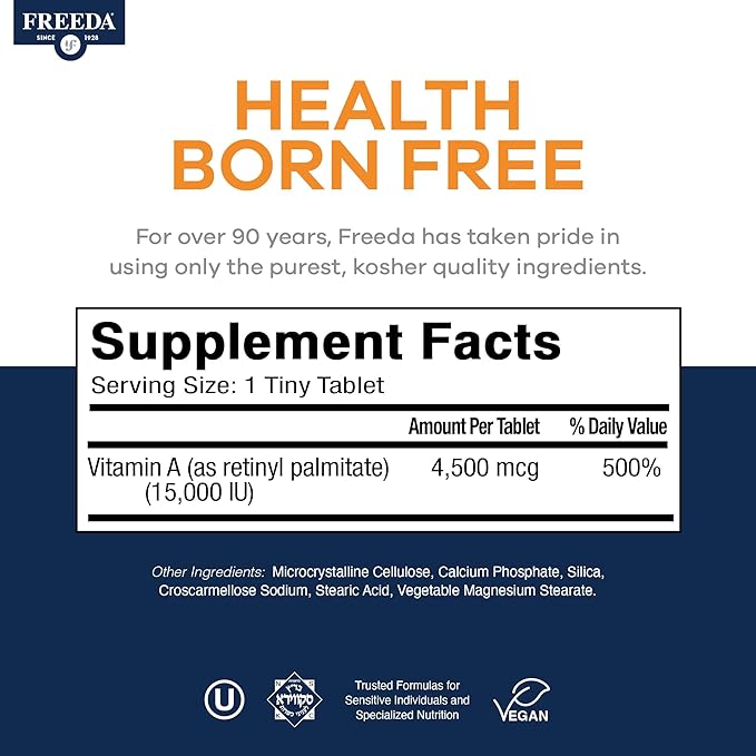 Freeda Vitamin A 15,000 IU – Retinyl Palmitate – Vegan, Kosher, No Fish – Eye, Vision, Immune & Skin Support – Tiny Easy-to-Swallow Tablets – VIT A Vitamina A Supplement – 250 Tablets