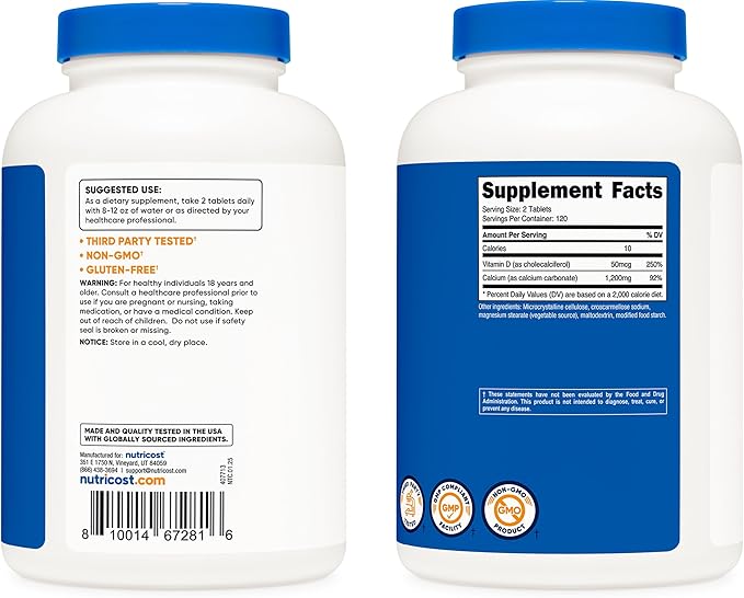 Nutricost Calcium with Vitamin D, 240 Tablets - Calcium (1200mg) Vitamin D (50mcg) Per Serving - Non-GMO, Gluten Free (Pack of 2)