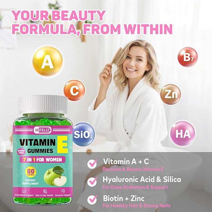 Vitamin E Gummies for Women – 400 IU (268mg) Vitamin E Supplements with Biotin & Hyaluronic Acid for Skin, Hair & Nails – Sugar Free, Vegan, Non-GMO – 60 Count