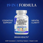 Brain Supplement Alpha GPC 300mg Phosphatidylserine Bacopa Monnieri Ginkgo Biloba Lions Mane Huperzine A L-Theanine NAC Nootropic Memory Focus Cognitive Support Vitamins B C D E 60 Capsules USA