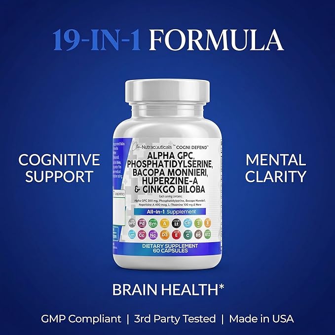 Brain Supplement Alpha GPC 300mg Phosphatidylserine Bacopa Monnieri Ginkgo Biloba Lions Mane Huperzine A L-Theanine NAC Nootropic Memory Focus Cognitive Support Vitamins B C D E 60 Capsules USA