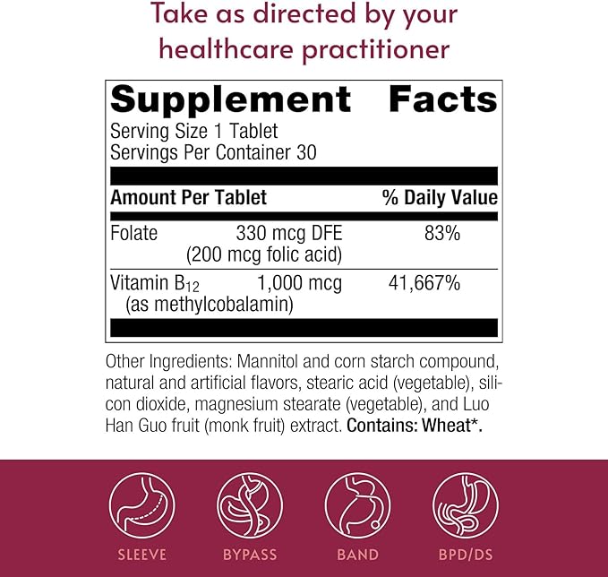 Bariatric Advantage B-12 Speedy Melts, Vitamin B12 1000 mcg Supplement, Fast Melting with 200 mcg of Folic Acid for Nutritional Support - Peppermint, 30 Count