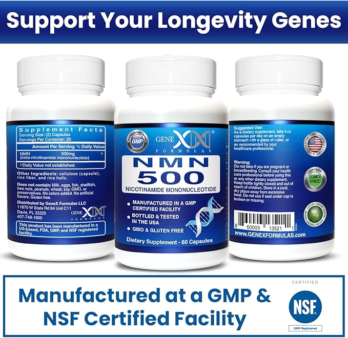 Genex Formulas NMN 500mg - 99% Pure Shelf Stabilized Supplement Capsules for Increased NAD Levels & Healthy Aging, GMP Certified, 500mg per Serving, 60 Capsules