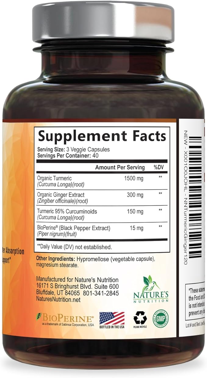 Turmeric Curcumin Supplement - 95% Curcuminoids with Organic Turmeric & Ginger, BioPerine Black Pepper Extract for Best Absorption, Natural Vegan Joint Support, Non-GMO, Bottled in USA - 120 Capsules