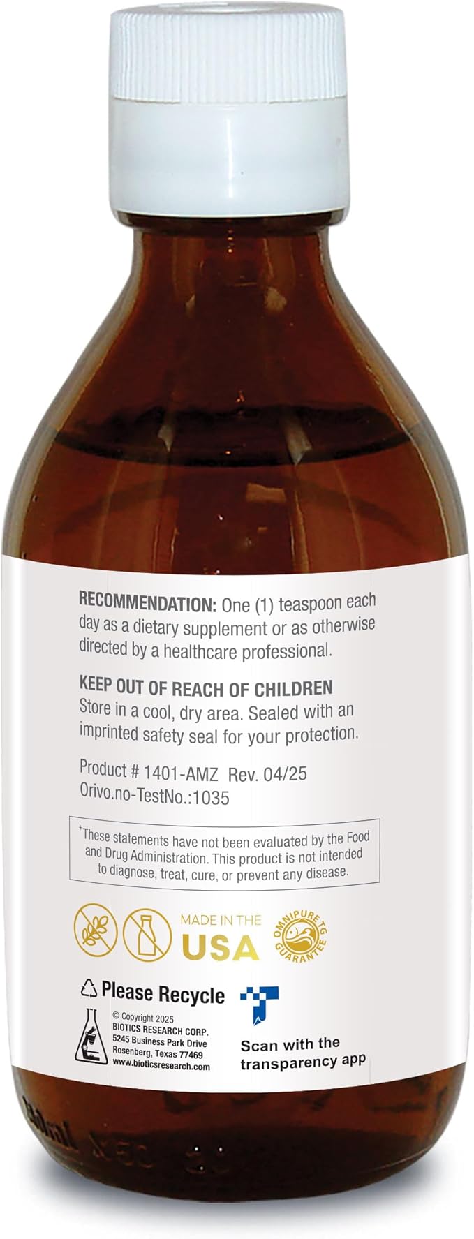 Biotics Research Biomega 3 Liquid™ Highly Concentrated Omega 3 Fish Oil Liquid, Sustainably Sourced, Traceable, Pure 2490 mg of EPA DHA Omega 3 Fatty Acids per TSP 1040 mg DHA 7 Fl Ounces 200ml 40 SVG