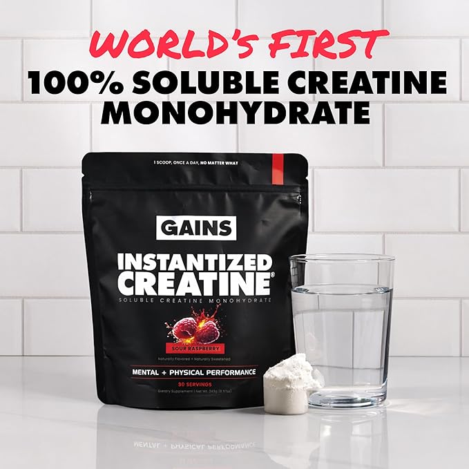 Gains in Bulk Instantized Creatine Monohydrate for Men & Women, Soluble Pre Workout Powder, Supports Muscle Building, Strength and Performance, Bodybuilding Supplements, Sour Raspberry, 30 Servings