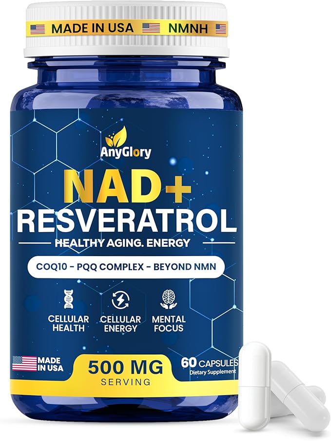 NAD+ Supplement with 500mg NR, Resveratrol, CoQ10, PQQ- 5-in-1 NAD Formula |NMN Supplement Alternative|NAD Resveratrol Support Cellular Energy & Healthy Aging-Made in USA-60 Capsules