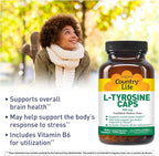 Country Life L-Tyrosine 500mg with Vitamin B6 Supplement - Certified Gluten-Free, Vegetarian, Kosher, Boosts Focus & Energy, Supports Brain Health, Enhances Mental Clarity, Non-GMO - 100 Capsules