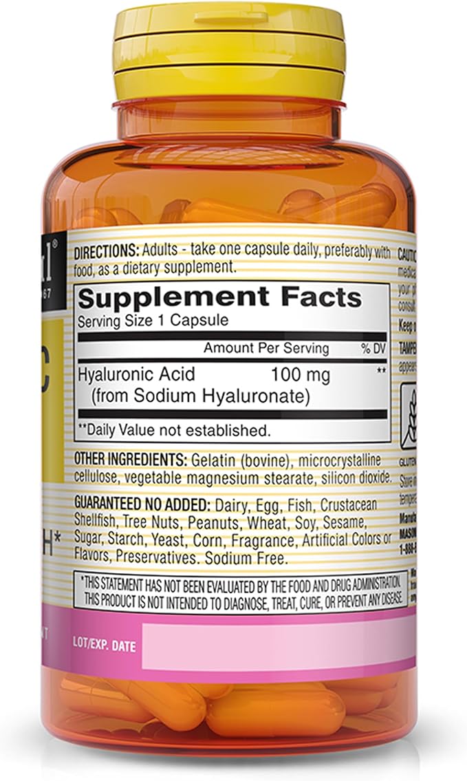 MASON NATURAL Hyaluronic Acid 100 mg - Healthier Hair, Strong Nails and Hydrated Skin, Anti Aging Formula, 30 Capsules