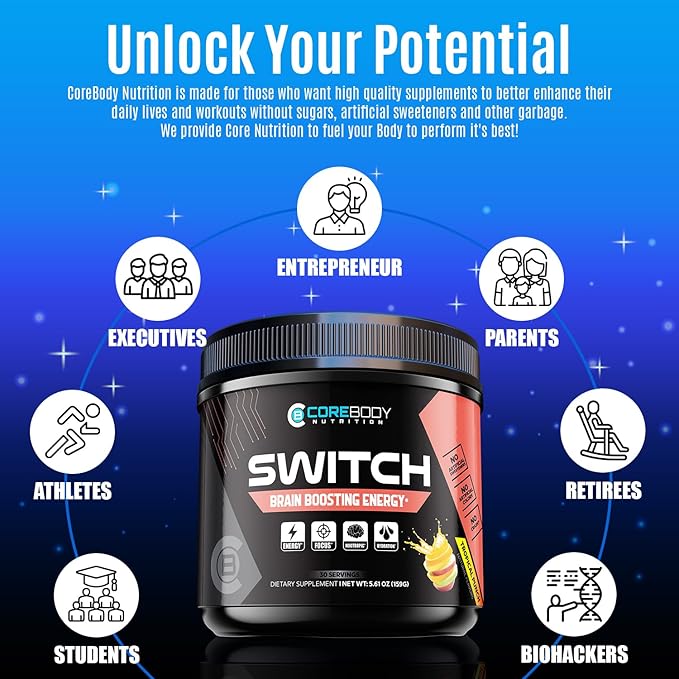 CoreBody Switch Energy Drink Mix -Nootropics Brain Support Supplement for Memory & Focus, Sugar Free Energy Booster with Nootropics, Alpha GPC, All Day Focus* (Tropical Punch)
