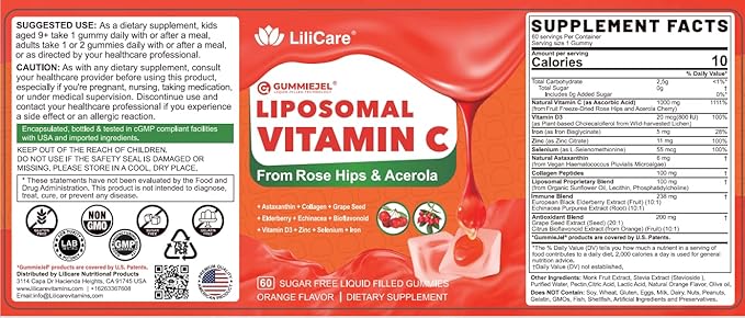 Natural Liposomal Vitamin C 1000mg Gummies for Adults Kids 9+, Chewable Vitamin C w/ 11mg Zinc, D3, Elderberry, Echinacea, Bioflavonoid,Immune Support, Whole Food VIT C from Fruits, Sugar Free, 2Pack