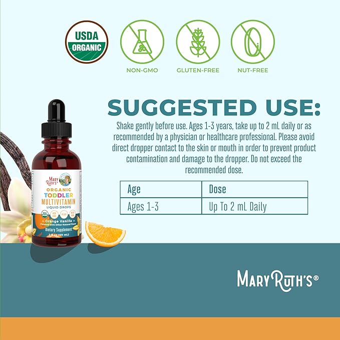 MARYRUTH'S Organics Multivitamin & Multimineral with Iron for Toddlers | USDA Organic | Sugar Free | Multivitamin Liquid Drops for Kids Ages 1-3 | Immune Support | Vegan | Non-GMO | 2 Fl Oz