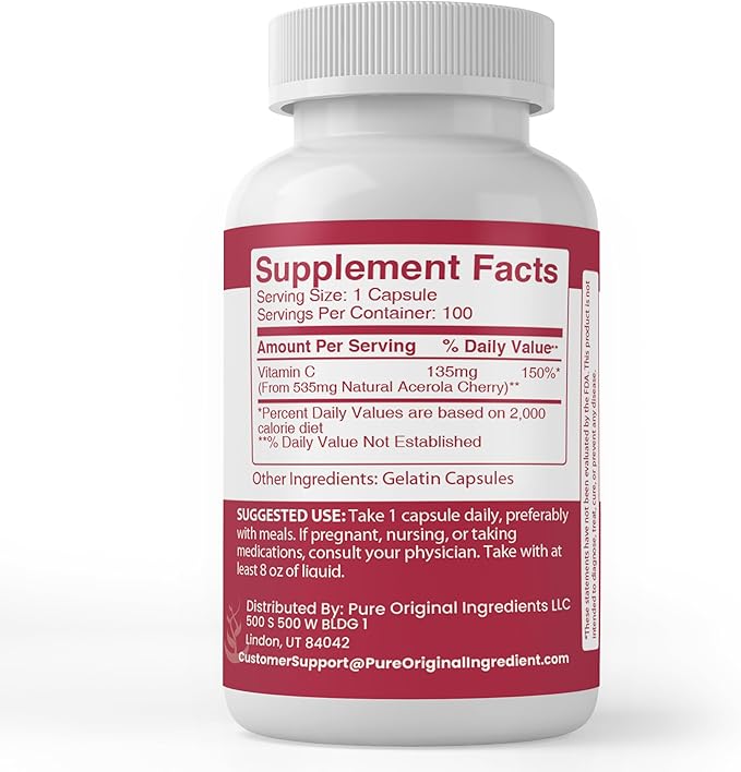 Pure Original Ingredients Acerola Cherry, (100 Capsules) Always Pure, No Additives Or Fillers