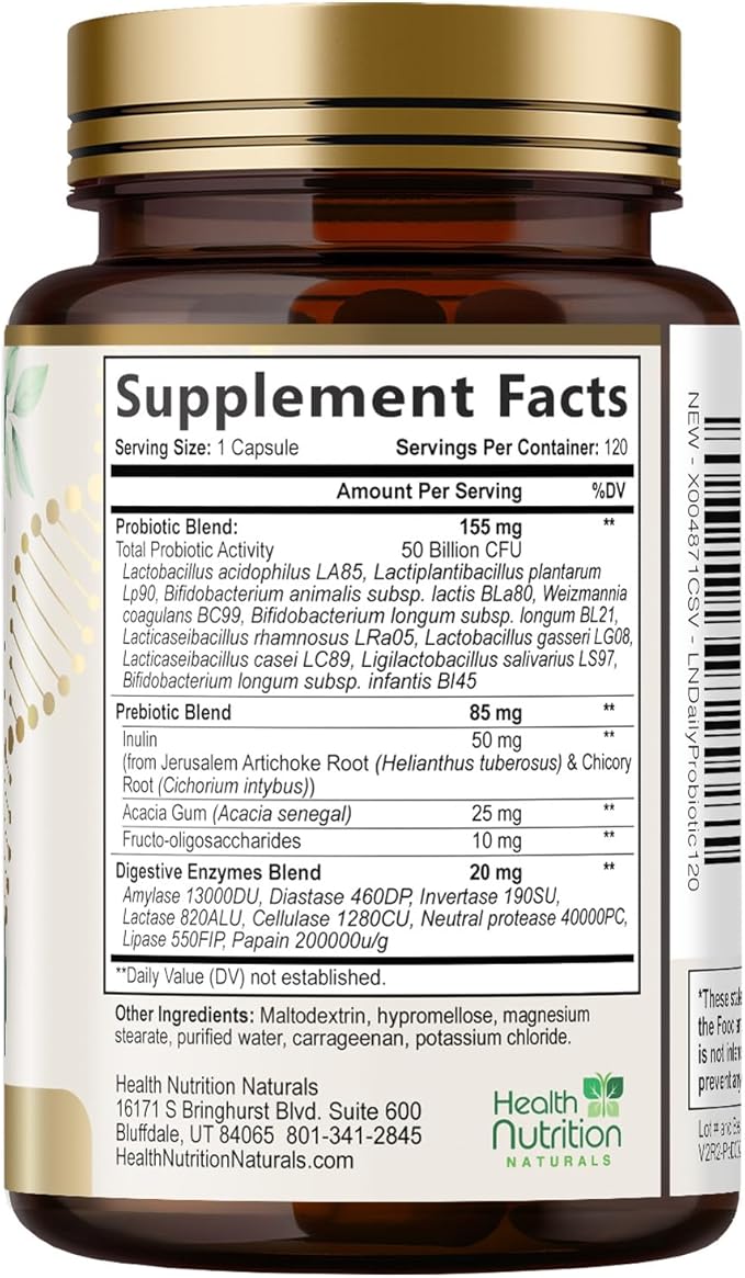 Probiotics 50 Billion CFU per Serving - 10 Strains + Prebiotics - Digestive Health, Gut & Immune Support - Occasional Constipation, Gas & Bloating Support for Women & Men, Bottled USA - 120 Capsules