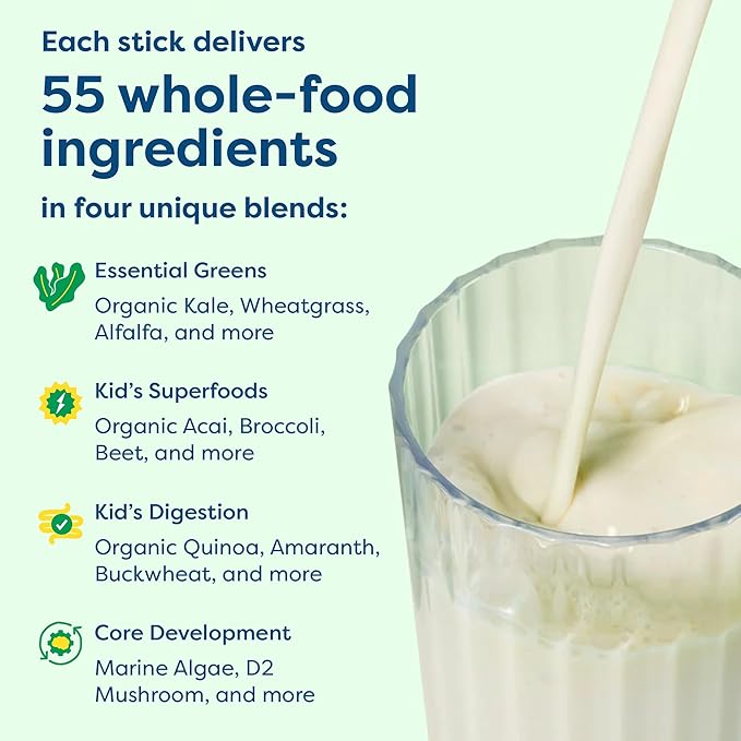 HIYA Kids Greens Powder Sticks - 55 Whole-Food Sourced Ingredients & Delicious Flavor - Greens Superfood Powder for Kids (Vanilla)