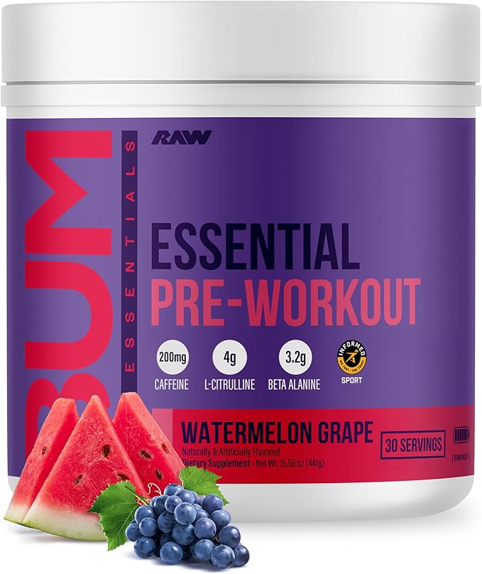 RAW Essential Pre-Workout Powder (Watermelon Grape) - Chris Bumstead Sports Nutrition Supplement for Men & Women - Preworkout Energy Powder with Caffeine, L-Citrulline, L-Tyrosine & Beta Alanine Blend