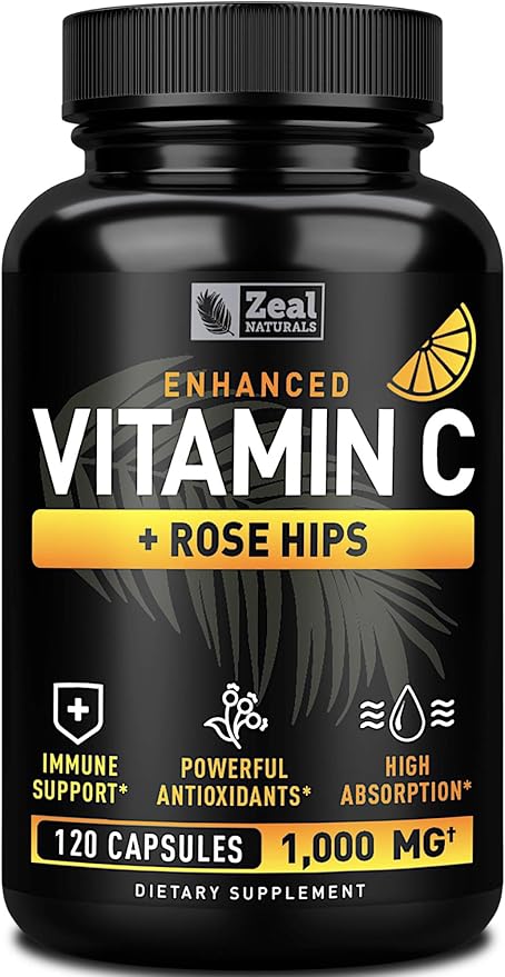 Vitamin C with Rose Hips 1000mg - Pure Ascorbic Acid Supplement - High Dose Vitamin C Capsules for Immune Support - 120 Count