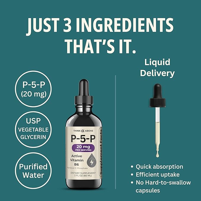 P5P Liquid Drops – Activated Vitamin B6 (Pyridoxal-5-Phosphate) – Fast Absorption Formula – Nervous System & Energy Support – 2 oz (60 mL) – Think Above