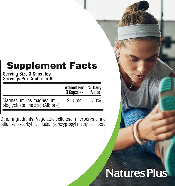 NaturesPlus KalmAssure Magnesium Bisglycinate - 180 Capsules - Supports Nerve & Muscle Relaxation - Formulated Without Magnesium Oxide - 60 Servings