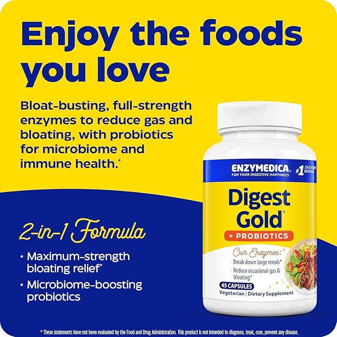 Enzymedica Digest Gold + Probiotics, 2-in-1 Formula for Gut Health, Digestive Enzymes & 1 Billion Active Probiotic Cultures, 45 Count