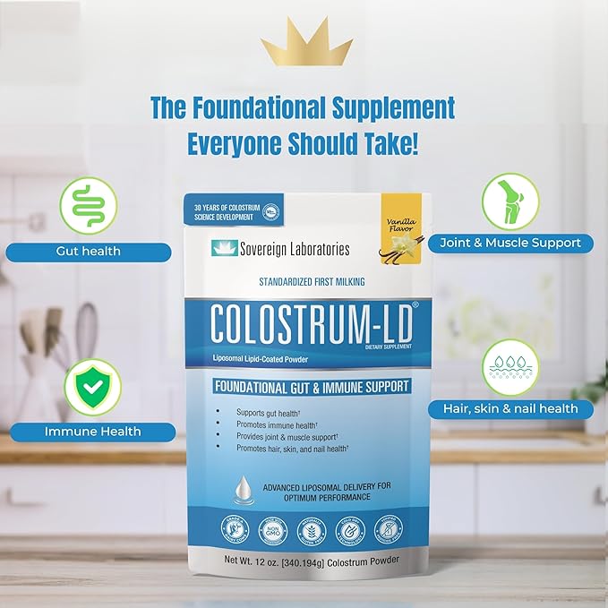 Colostrum-LD Liposomal Delivery - Colostrum Powder - Gluten-Free, Lactose-Reduced - 68 Servings - Sovereign Laboratories - 12oz Vanilla