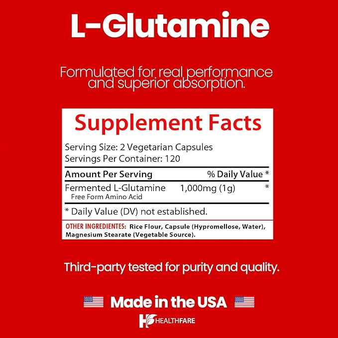 HealthFare L Glutamine 1000mg | 240 Vegan Capsules | Extra Strength Amino Acid Supplement | Supports Digestive Balance, Nutrient Absorption & Muscle Recovery | Non-GMO, Gluten-Free | Made in USA
