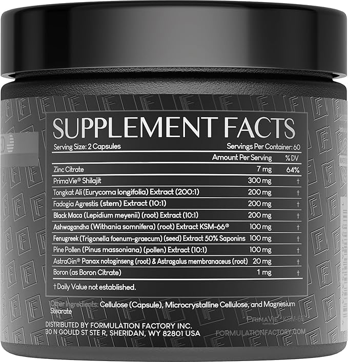 Formulation Factory Self Obsessed Maxxed Male Support - PrimaVie Shilajit, KSM-66 Ashwagandha & 200:1 Tongkat Ali Extract - Advanced Vitality & Drive Complex - 240 Capsules, 4 Month Supply