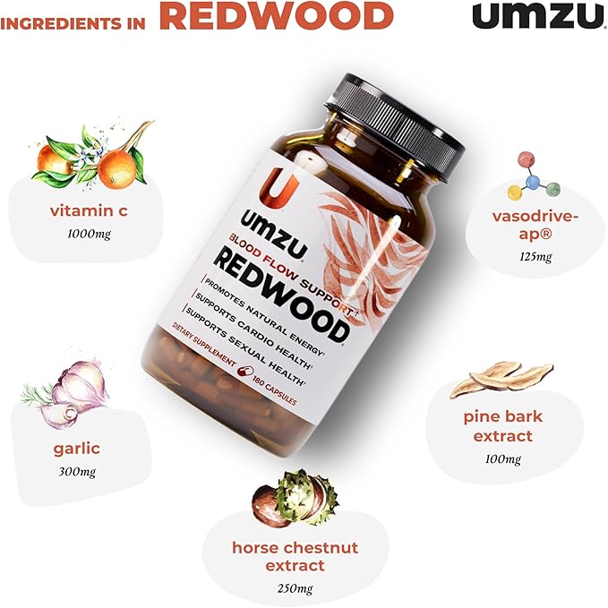 UMZU Redwood Nitric Oxide Booster, (30 Day Supply) – Vitamin C, Garlic & Horse Chestnut – Healthy Circulation & Endurance – Daily Cardiovascular Support Nitric Oxide Supplement Blood Flow Supplement