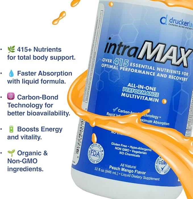 intraMAX Organic Liquid Multivitamin, Non GMO, Dairy Free, Gluten Free, Magnesium, Vitamin D, C and E, Zinc (32 oz., Peach Mango)