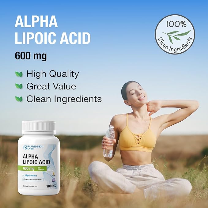 Puregen Labs Alpha Lipoic Acid 600mg [High Potency] 180 Servings - Antioxidant Support | No Harmful Additives | Non-GMO, NO Gluten and Dairy, 600 mg per Veggie Capsule