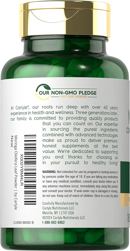 Carlyle Moringa Oleifera Supplement | 180 Capsules | Complete Green Superfood for Women and Men | Non-GMO and Gluten Free | from Moringa Leaf Powder