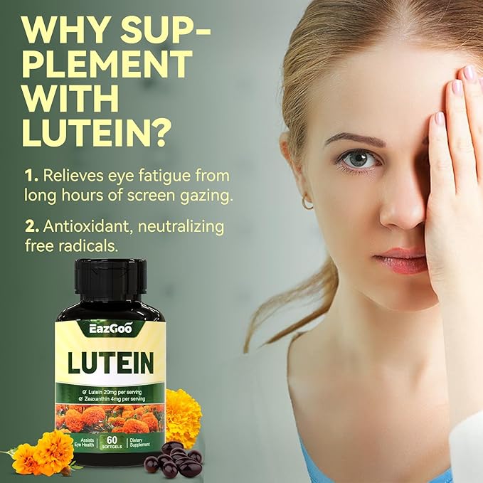 Lutein for Eyes, Lutein 20mg, Lutein and Zeaxanthin Supplements, Eye Supplements, Eyestrain Relief & Support Vision Health, Vegan, 60 Softgels
