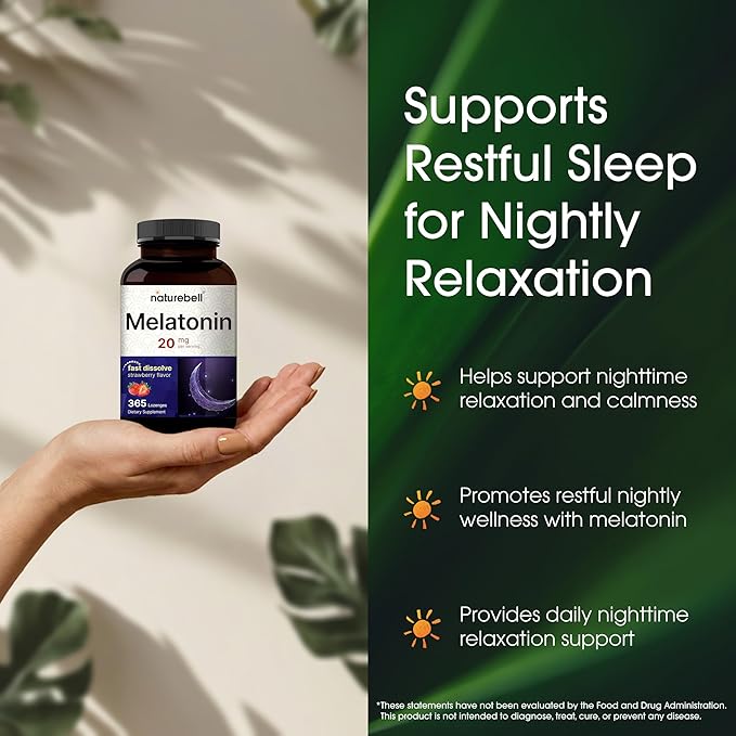 NatureBell Melatonin 20mg - 365 Lozenges - Daily Sleep Support for Adults - Bedtime Supplement for Nighttime Relaxation Support* - Dissolves Fast
