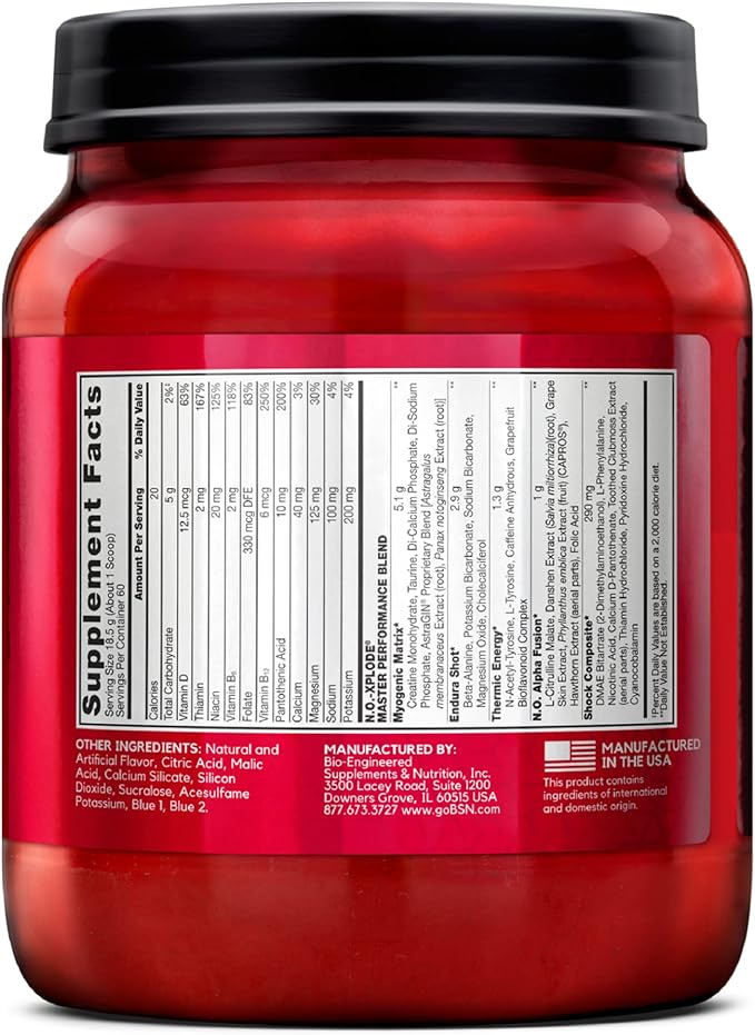 BSN N.O.-XPLODE Pre Workout Powder, Energy Supplement for Men and Women with Creatine and Beta-Alanine, Blue Raz, 60 Servings, 2.45 Pound (Packaging May Vary)