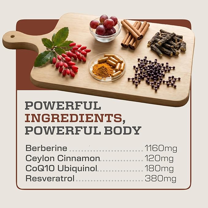 Earth Elixir 4-in-1 Berberine Supplement – Organic Berberine with Ceylon Cinnamon, CoQ10 Ubiquinol, and Resveratrol Powder – Metabolic & Cellular Energy Support, 180 Vegan Capsules